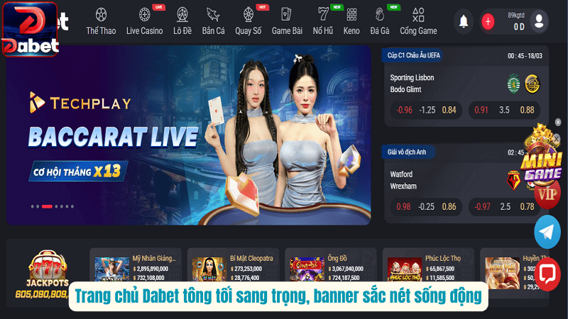 Trang chủ Dabet tông tối sang trọng, banner sắc nét sống động